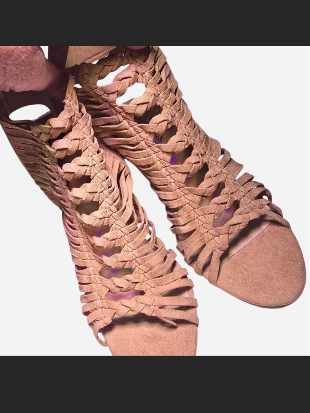 Braided Open-Toe Sandals in Blush Tan Suede